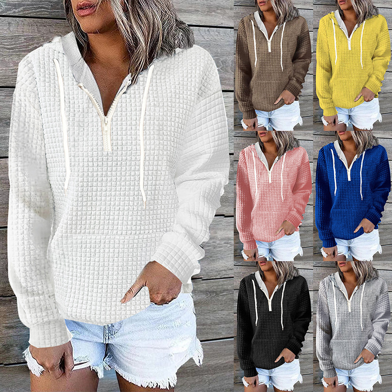 Winter Clothing For Plus Size Women - 女性用長袖フード付きジッパーパーカー、単色服、ワッフルグリッド、カジュアルホームウェア、ジッパーポケット、プラスサイズ