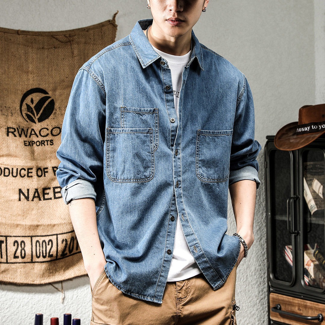 春の若者向けハンサムデニムツール加工長袖シャツメンズインスタ - Winter Clothing Matching のレビューと価格