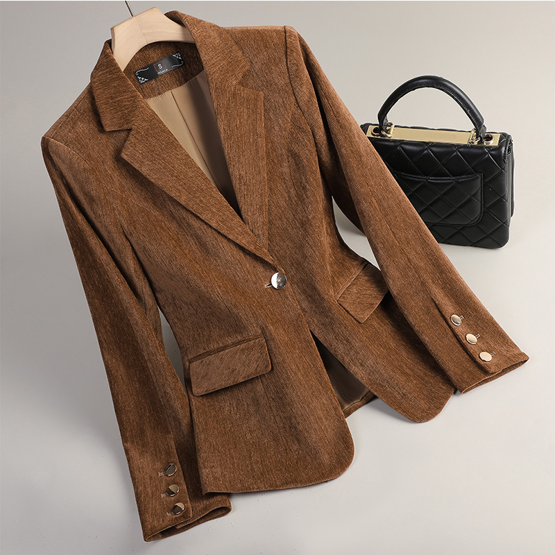 イエローゴールドベルベットブレザー女性秋冬カジュアルスーツフ - Winter Clothing Work のレビューと価格